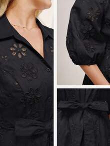 Momelise 大码女士优雅纯色V领镂空刺绣灯笼袖开衫，配系腰带长裙 - 黑色 - 查看 3