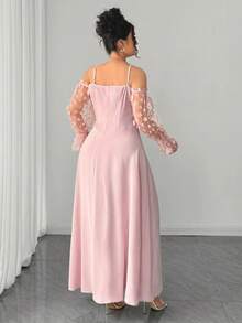 Elenzga Đầm maxi dáng chữ A xếp ly lãng mạn, thanh lịch, cỡ lớn, hở vai, họa tiết hoa 3D, eo thon, tay dài, tôn dáng, thích hợp cho ngày Valentine. - Hồng - Xem 2