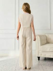 Girls' Elegant Suit Set,Sleeveless Jacket Vest & Pants Outfit,Cream White Summer Wedding Formal Jumpsuit For Tween Girl Dress Pant Suit,Apricot Color - Apricot - View 2