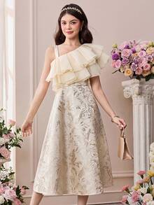 Pitira Đầm dài ngang gối màu mơ trơn, chất liệu organza pha trộn jacquard, nhiều lớp xếp nếp, cổ áo bất đối xứng, vai lệch, dành cho bé gái tuổi teen, thích hợp cho các buổi hẹn hò, tiệc tùng, ngày lễ, tiệc chiêu đãi, tiệc trưa, sinh nhật, năm mới, tựu trường, dạ hội, các buổi gặp mặt buổi tối, mùa cưới, hoặc làm phù dâu. - Màu be - Xem 5