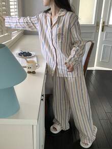 DAZY Cute Dog Print Striped Contrast Trim Women Pajama Set - White - View 8