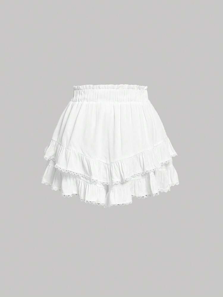 SHEIN MOD Short À Taille Froncée Ourlet En Dentelle À Volants - Blanc - Voir 2