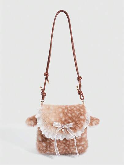Kawaii 1 pieza Bolso de hombro de peluche lindo para niña, un bolso de hombro de peluche con forma de pequeño ciervo para otoño e invierno, un bolso con forma de ciervo para estudiante niña para otoño, invierno y Navidad