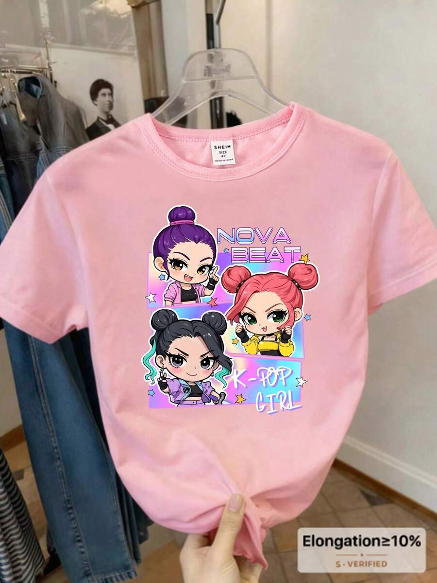 舒适夏秋少女休闲时尚创意个性清新优雅简约韩风粉色蝴蝶结碎花印花宽松基础款短款T恤,适合夏秋日常穿着。粉色图案T恤,可爱风,韩风少女T恤,动漫T恤。 - 黑色 - 查看 1