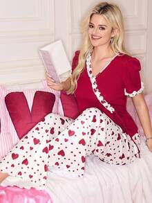 SweetSlumber Cute Contrast Color Patchwork Pajama Set, Valentine's Day Heart Sleepwear, Sexy Red Heart Sleepwear, Sweet Girl Sleepwear, Soft Pink Young Casual Sleepwear For Women Ruffle Pajama Set Strawberry Pajama Set Valentine's Day Cherry Pajama Set Cute Pajama Set For Women Women Pj Sets Cotton Valentine Day - Red and White - View 5