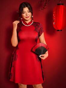 Cravure 大码女式优雅中国风，新款中国风，中国新年蕾丝印花短袖旗袍迷你连衣裙，适合春夏、返校、毕业、假期、情人节、音乐节、母亲节、万圣节、感恩节、复活节、国庆节、晚会、约会、派对、婚礼、郊游等场合。 - 紅色 - 查看 8