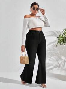 Slaydiva Plus Size Women's Fashion Casual Flare Jeans - Black - View 4