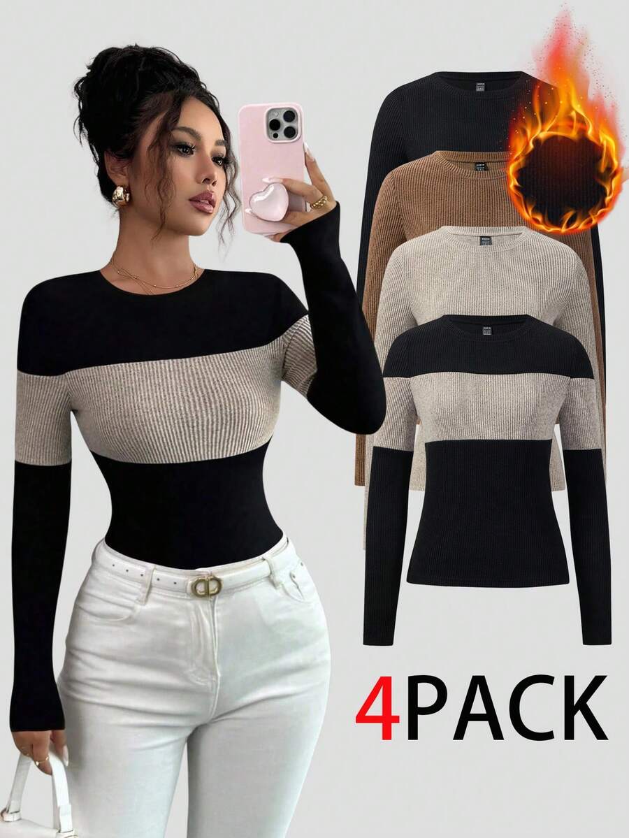 SHEIN LUNE 4pcs Solid Color Ribbed Knit Crew Neck Long Sleeve T-Shirts For Women, Autumn Tops Women 4 Pack Tops Shirt Packs For Women - Multicolor - View 1