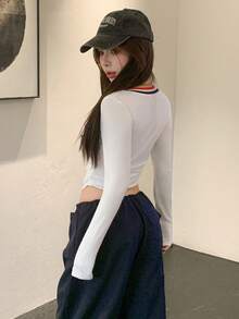 DAZY 女士条纹撞色拼接字母印花V领长袖T恤 - 黑色 - 查看 5