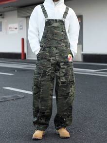 Manfinity EMRG Men's Fashionable Casual Autumn Camouflage Multi-Pocket Denim Bib Pants  Overalls Men Camo Overalls Men - Army Green - View 3