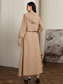 Mulvari 2件套 女士纯色长袖简约外套和宽肩带休闲连衣裙 2件套 - 鏽棕色 - 查看 4