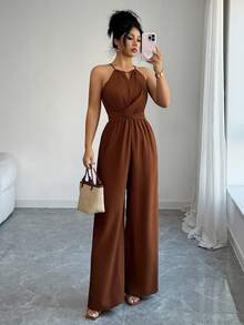Elenzga Women's Elegant Casual Brown Crinkle Fabric Halter Beaded Design Waist Button Bow Tie Jumpsuit, Spring/Summer - Brown - View 5