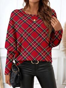 EMERY ROSE Casual Minimalist England Contrast Plaid Print Long Sleeve T-Shirt For Women, Suitable For Outings, Street Style, Work Commute, Parties, Chic Spring - Multicolor - View 1