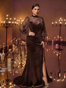 Glamrae Plus Size Elegant Luxurious Black Sheer Long Sleeve Lace & Velvet Patchwork High Slit Fishtail Maxi Dress With Train, Suitable For Weddings, Parties, Vacations, Galas, Formal Events (Heavily Embellished), Valentine's Day - Coffee Brown - View 6