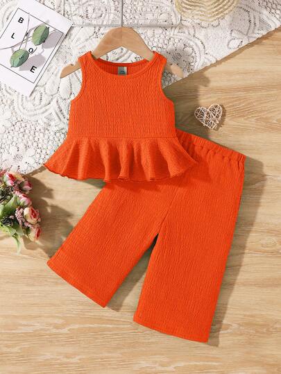 SHEIN Babygirl Summer Cute Solid Color Textured Sleeveless Top And Elastic Waist Loose Pants Set