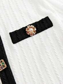 SHEIN MOD 女士白色短款圆领长袖针织上衣，金属纽扣装饰，长袖衬衫， - 白色 - 查看 3