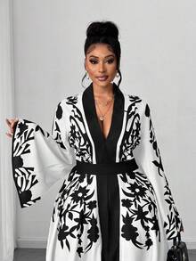 Maweii Vestido maxi elegante de manga larga con cuello en V y estampado floral, talla grande - Blanco y Negro - Ver 6