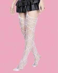 ROMWE Kawaii 1pair Women's Black Heart Shaped Fishnet Stocking With Straps, Suitable For All Seasons - White 1 - View 11
