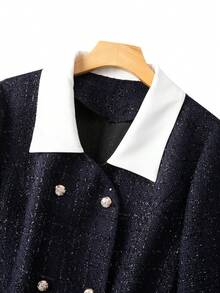 GlowEve CURVE Plus Size Women Elegant Tweed Button Decor Contrast Collar Commuter Dress - Navy Blue - View 3