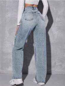 Jeans Rasgados Mezclilla Casual De Pierna Ancha Para Mujer Pantalón - Lavado ligero - Ver 3