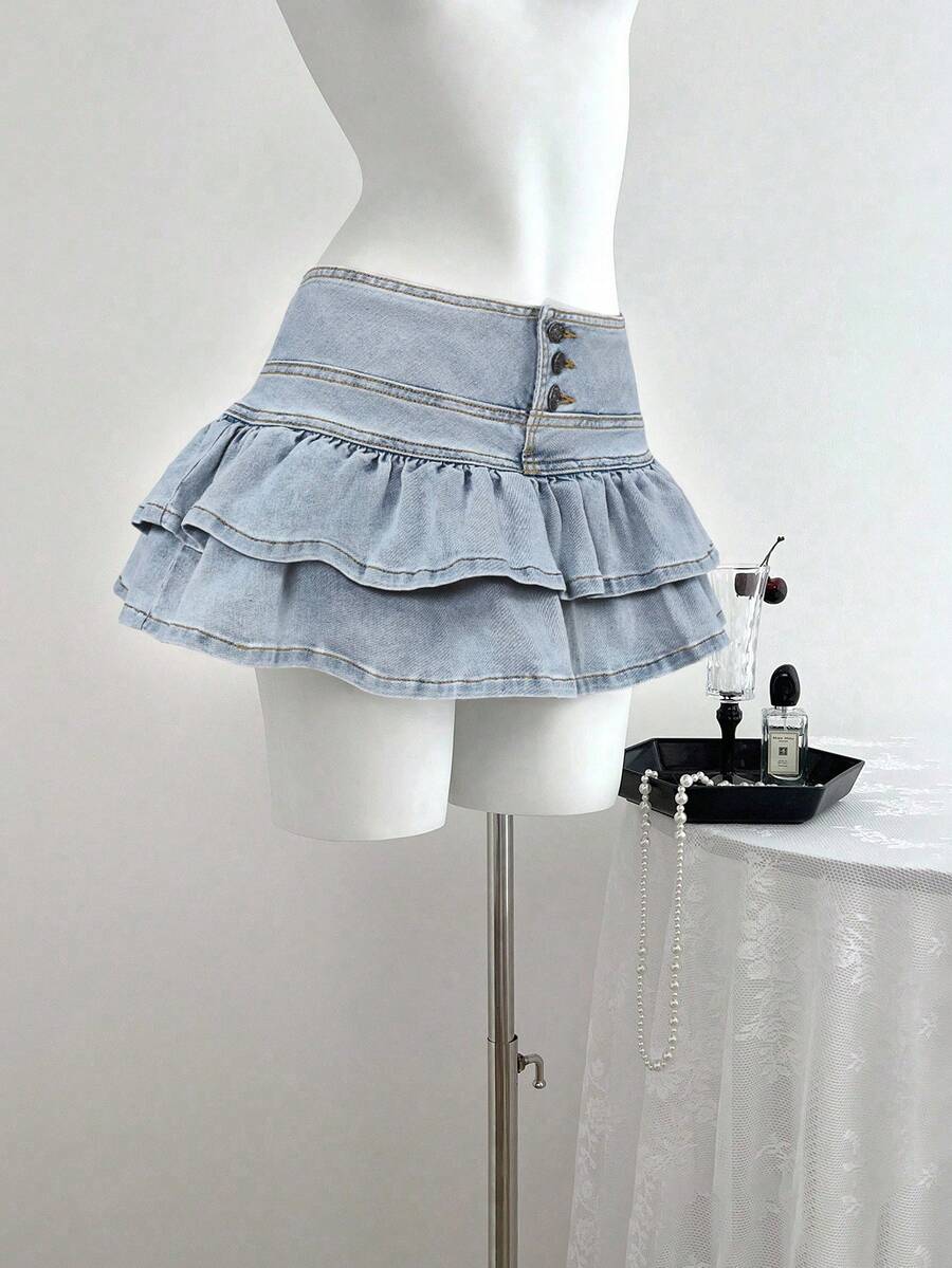 Elamini Women's Fashion Casual Double-Layer Denim Mini Skirt
