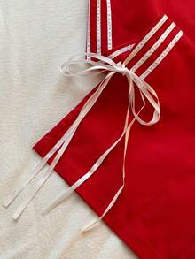 SHEIN EZwear 休閒色塊條紋編織寬腿裝多口袋褲 - 紅色 - 查看 5