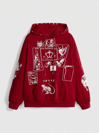 Grunge Punk Damen Grafik Muster Kapuzen Taschen Langarm Sweatshirt