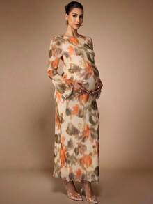 MaterniChic Tie-Dye Print Maternity Dress With Round Neck And Bell Sleeves Elegant Dresses Baby Shower Dress Pregnancy Photoshoot Dress Maternity Dress For Photoshoot Long Silk Dress Earth Tone Dress Dress Modest Modest Dress - Multicolor - View 9