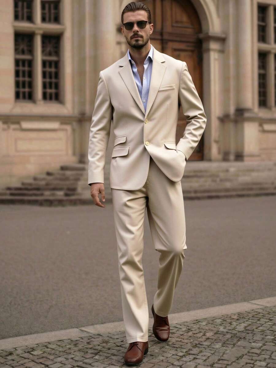 HIMLAND 男士商务正式简约纯色西装外套和裤子套装，婚礼