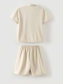 SHEIN 2pcs Tween Boy Comfortable Casual Polo Shirt With Collar & Shorts Set, Suitable For Outdoor Play, Street Photography, Party, City Walk