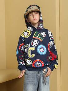 Felix The Cat X SHEIN Tween Boy Casual Everyday Commute Fashion Street Cute Cartoon Letter Print Sweatshirt, Spring/Autumn - Navy Blue - View 2
