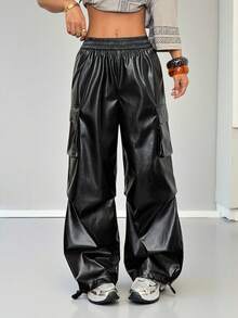 SHEIN PETITE Women's Fall/Summer And Summer Streetwear Going Out Y2K Rapper Basic Athleisure Leather Black Cargo Pants Baggy - Black - View 4