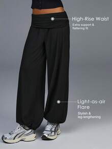 Menodora SHEIN Sport Quần dài nữ dáng rộng, màu trơn, xếp ly eo, dây rút thông thường - màu đen - Xem 2