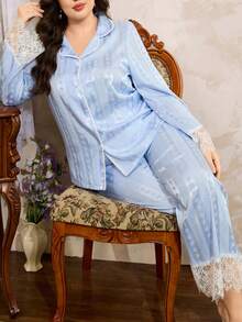 Côtesoire 优雅蕾丝拼接荷叶边睡衣，法式优雅缎面睡衣，迷人长袖蕾丝睡裤套装，浪漫法式睡衣套装，大码 - 藍色 - 查看 2