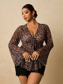 Travachic Plus Size Women Leopard Print Flare Sleeve Top - Brown - View 3
