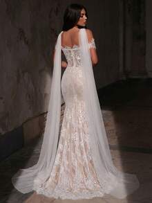 Glamrae Elegant Luxurious Stretchy Lace Mermaid Dress With Chiffon Halter, Suitable For Weddings, Events, Parties, Vacations, Balls, Honeymoons, Bridal Gowns, Valentine's Day - Beige - View 3