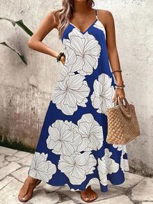 EMERY ROSE Women's Plus Size Floral Leaf Print Loose Camisole Dress,Blue And White Summer Boho Beach Holiday Casual Maxi Dress,Long Vacation Dress - Multicolor - View 3