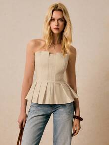 Poéselle 女士纯色简约休闲抹胸上衣 - 杏色 - 查看 4