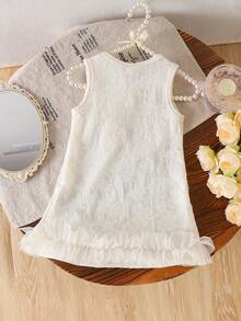 Souflis Souflis Vestido casual minimalista de color albaricoque con estampado de jacquard floral, decorado con lazo y falda de malla para niñas pequeñas, elegante y dulce sin mangas - Albaricoque - Ver 2