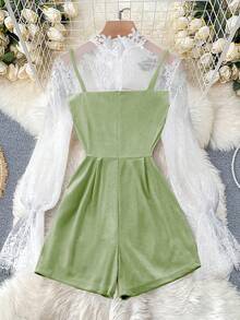 GlowEve Tuta elegante in velluto con bottoni dorati, design aderente, con inserti in pizzo sulle maniche lunghe, adatta per primavera/estate, inverno, Natale, Capodanno - Menta Verde - Visualizzare 2