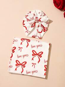 SHEIN 2Pcs Set Newborn Photography Swaddle Wrap Red Bowknot Print Baby Girl Photo Props With Bow Hat Newborn Valentine's Day Gift - Red and White - View 2