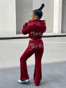SHEIN Tween女孩酒紅色復古兩件套：短版連帽毛絨秋季外套 + 喇叭褲，休閒時尚套裝，加厚適合外出 - 酒紅色 - 查看 2