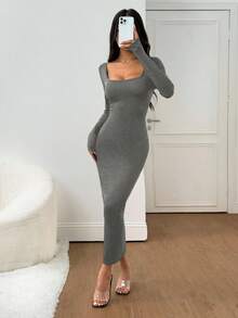 SHEIN PETITE Women's Fall/Winter Basic Knit Grey Fitted Square Neck Long Sleeve Dress Women Long Sleeve Dress Bodycon Maxi Dress Women Long Bodycon Dress Long Tight Dress Stretchy Dress Women - Light Grey - View 4
