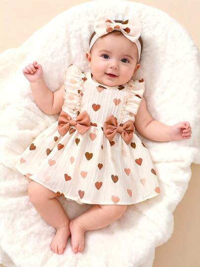 SHEIN Newborn Baby Girl Apricot Colored Heart-Shaped Printed Bow Sleeveless Dress And Headband, Summer New And Cute Vacation Style Baby Bow Dress Baby Girl Heart Outfit Newborn Baby Girl Summer Dress Apricot Baby Girl Dress Cute Baby Dresses