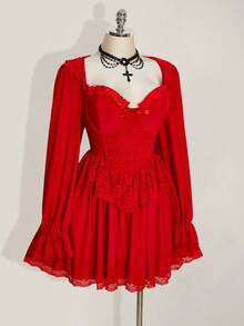 SHEIN ICON 加大码黑色连帽灯笼袖性感迷你连衣裙，适合万圣节派对、万圣节服装、女巫装扮 - 紅色 - 查看 4