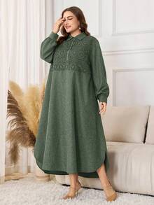 Lacomfia Maxikleid im Arabischen Stil mit langen Ärmeln und einfarbigem Design, Große Größen - Grün - Übersicht 3
