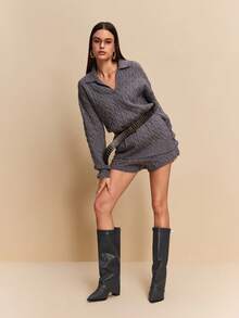 女士尖头时尚日常百搭高跟过膝长靴 - 深灰色 - 查看 3