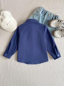 PrepCrw Áo sơ mi dài tay cài cúc phía trước, thêu logo dành cho bé trai, kiểu dáng sinh viên. - Màu xanh lam - Xem 3