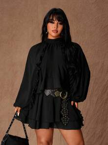 Rustia Plus Size Brown Long Sleeve Ruffle Waist Fitted Ruffle Hem Layered Short Dress, Crew Neck Long Sleeve Mini Dress - Black - View 1