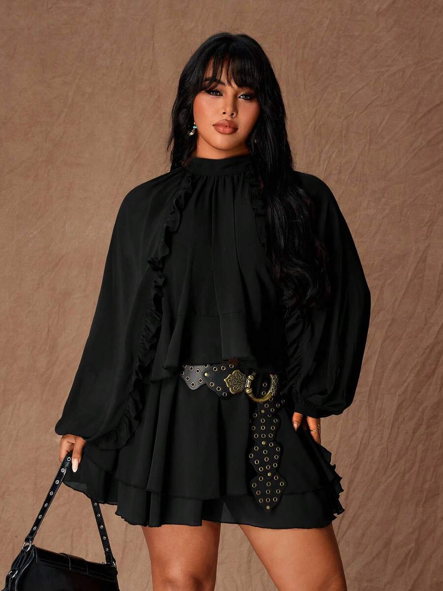 Rustia Plus Size Brown Long Sleeve Ruffle Waist Fitted Ruffle Hem Layered Short Dress, Crew Neck Long Sleeve Mini Dress - Black - View 1